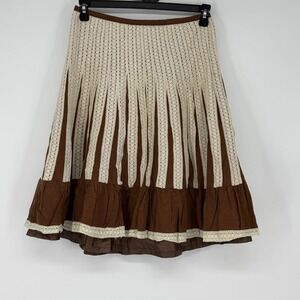 Lapis Brown Lace Trim Pleated Midi Skirt L Linen Cotton Boho Festival